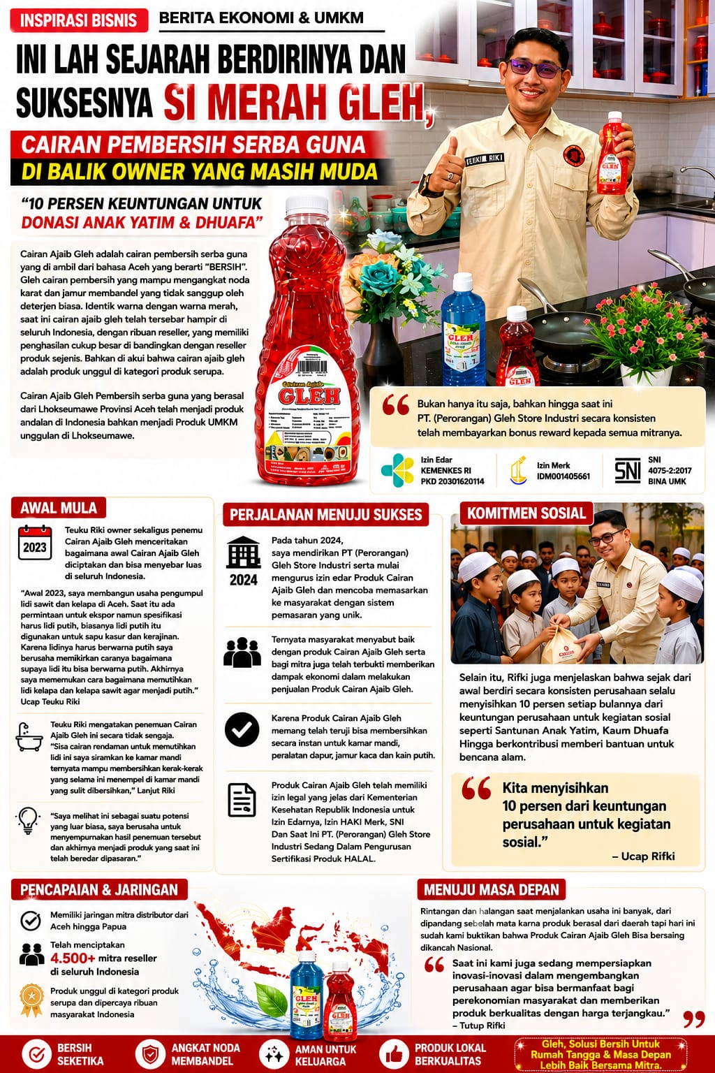 mbminvestigasi.com | Ini Lah Sejarah Berdirinya Dan Sukses Nya Si Merah Gleh, Cairan Pembersih Serba Guna Di Balik Owner Yang Masih Muda . “10 Persen Keuntungan Untuk Donasi Anak Yatim & Dhuafa