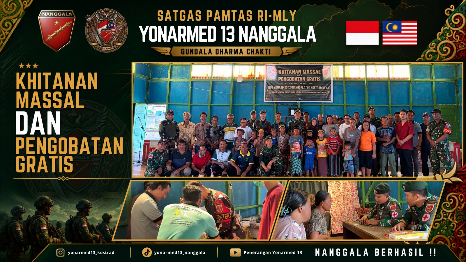 mbminvestigasi.com | Peringati HUT Ke-64, Satgas Pamtas RI-Malaysia Yonarmed 13/Nanggala Gandeng Puskesmas Badau Gelar Khitanan Massal dan Pengobatan Gratis di Desa Pulau Majang.