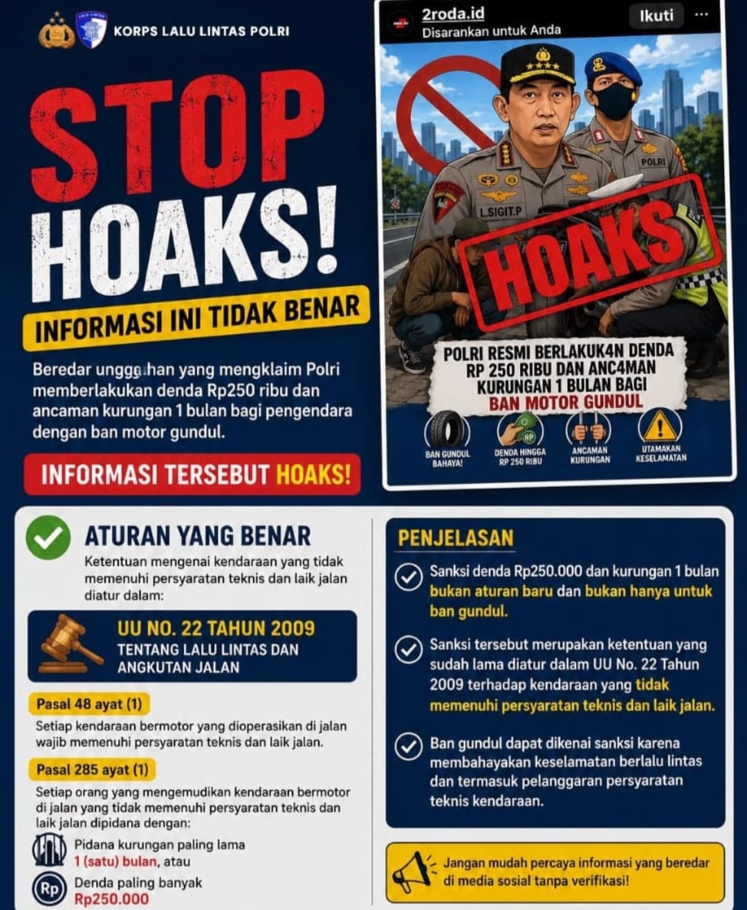 mbminvestigasi.com | Korlantas Polri: Masyarakat Diimbau Tidak Mudah Percaya Hoaks Terkait Polisi Akan Denda Rp250 Ribu untuk Ban Gundul