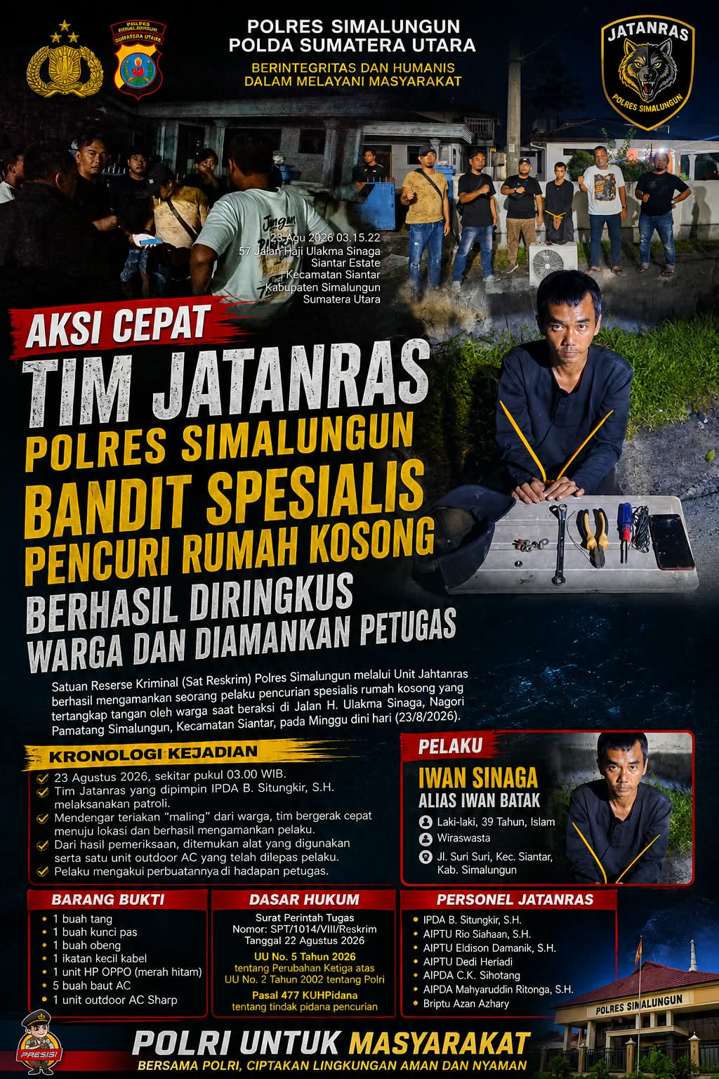 Mbminvestigasi.com | Gerak Cepat Jatanras Simalungun, Bandit Spesialis Rumah Kosong Diringkus Warga dan Polisi