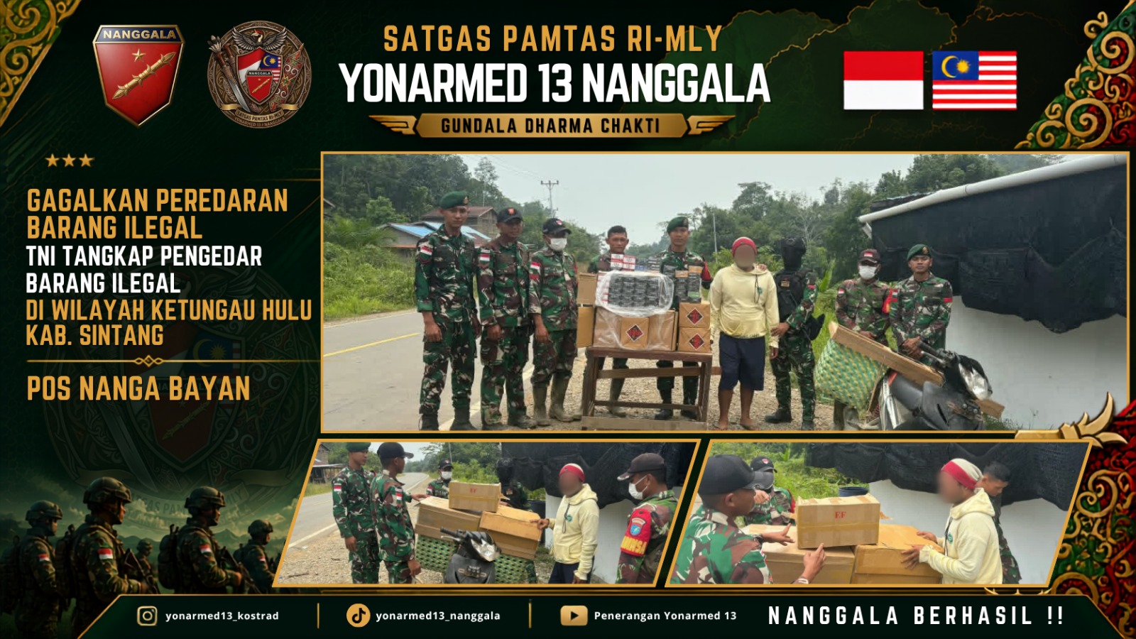 Mbminvestigasi.com | Gagalkan Penyelundupan Rokok Ilegal, Satgas Pamtas Yonarmed 13/Nanggala Amankan 160 Slop Rokok Tanpa Pita Cukai di Perbatasan