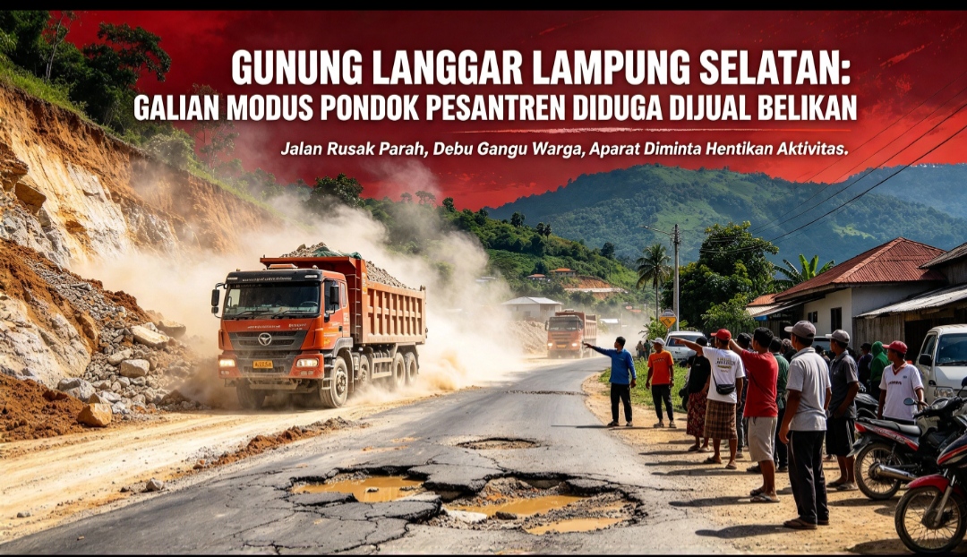 Mbminvestigasi.com | Penggalian Gunung Langgar Lampung Selatan Disorot: Modus Pondok Pesantren, Material Diduga Dijual Bebas — Jalan Rusak & Warga Terganggu Debu Mbminvestigasi.com | Penggalian Gunung Langgar Lampung Selatan Disorot: Modus Pondok Pesantren, Material Diduga Dijual Bebas — Jalan Rusak & Warga Terganggu Debu