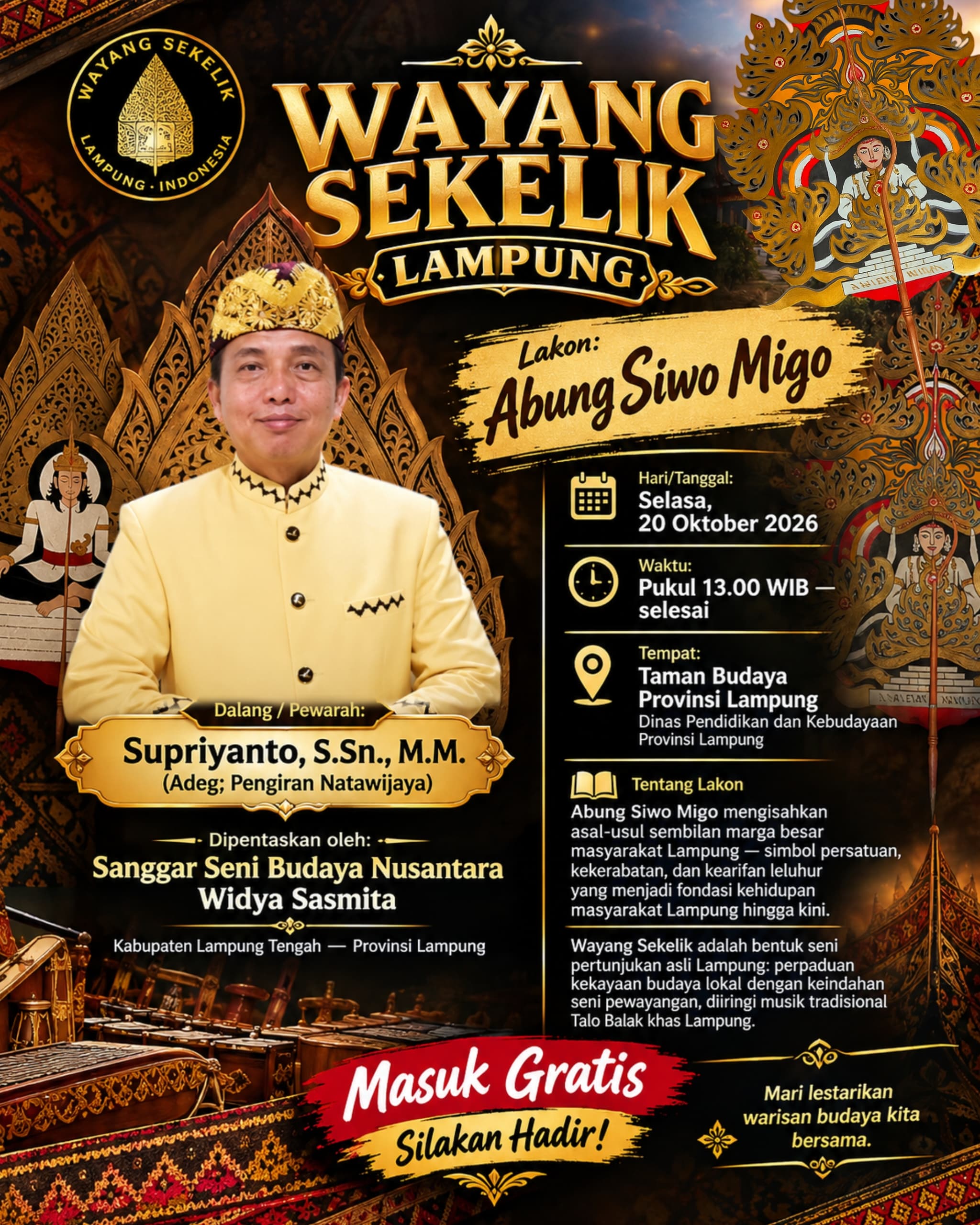 Mbminvestigasi.com | Wayang Sekelik Hidupkan Kisah Abung Siwo Migo di Taman Budaya Lampung Mbminvestigasi.com | Wayang Sekelik Hidupkan Kisah Abung Siwo Migo di Taman Budaya Lampung